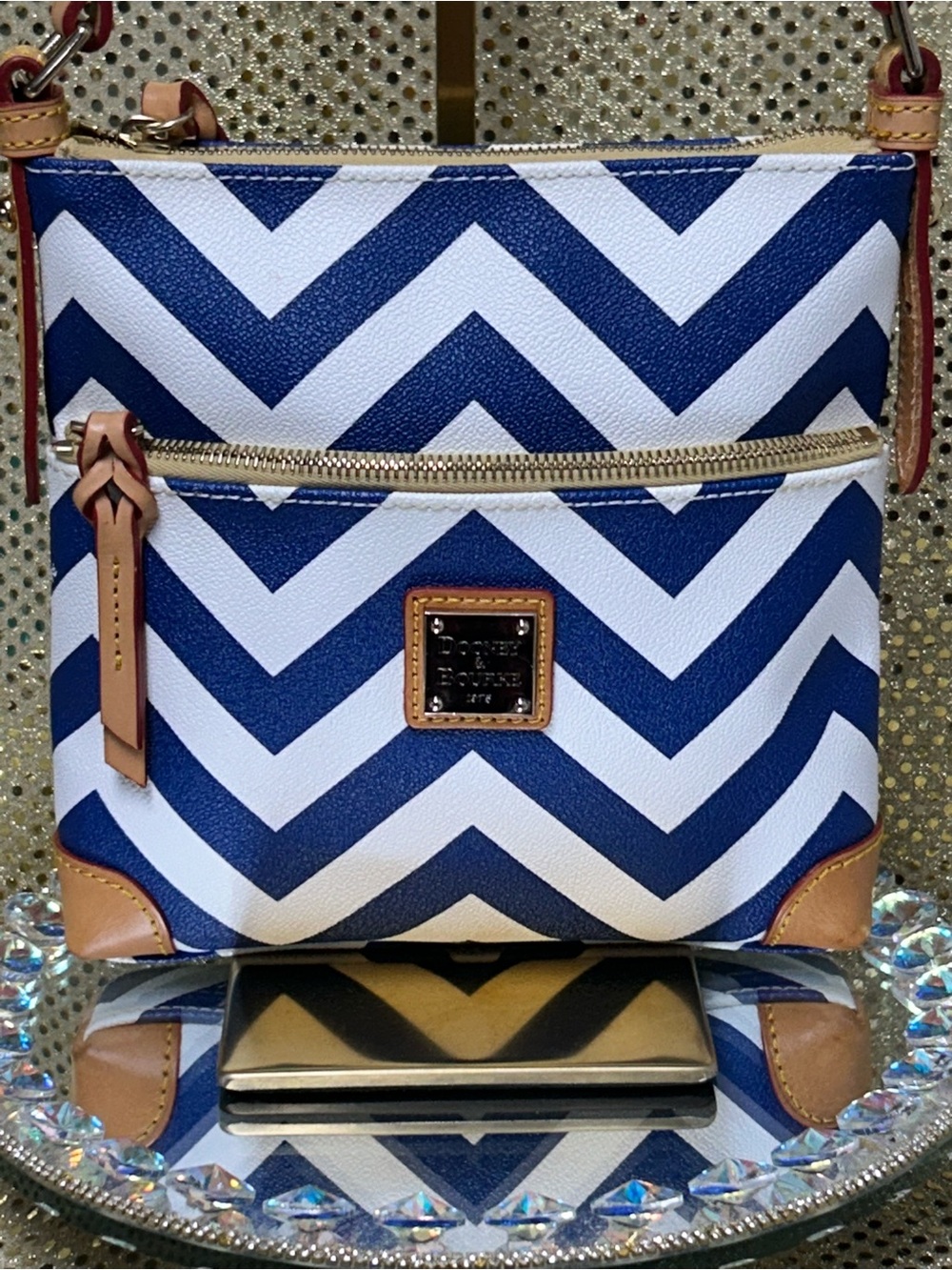 Dooney & Bourke Navy and White Chevron Crossbody w/Tan Trim Approx. 9.5 x 8.5